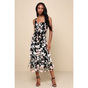 Lulus Elite Cutie Black Mesh 3D Floral Embroidered Midi Dress